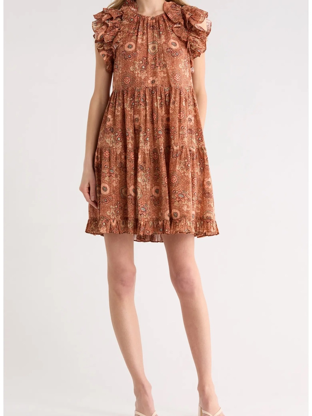 Ulla Johnson Rust Floral Ruffle-Sleeve Tiered Adele Dress NWT